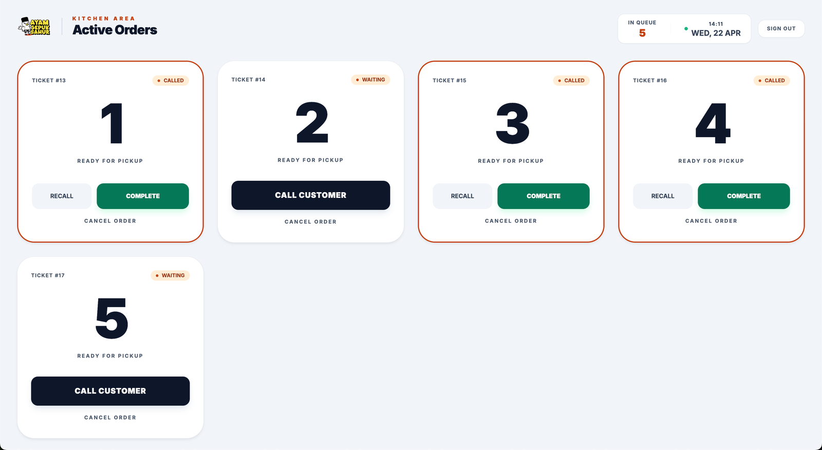 AyamGepuk Queue — Kitchen Orders