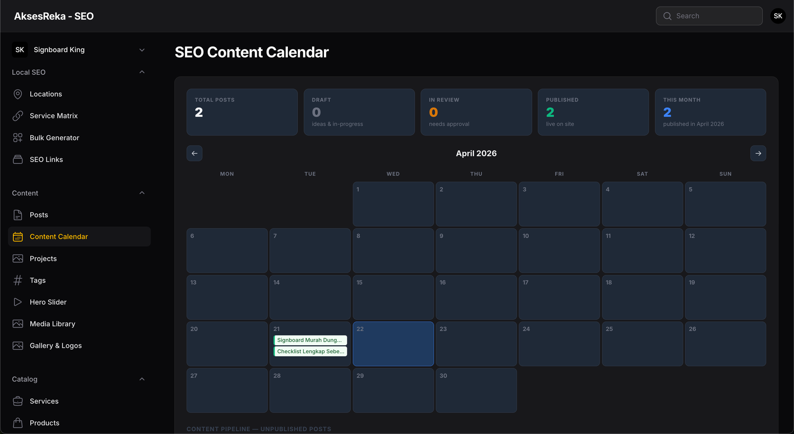 Akses SEO Platform — Content Calendar